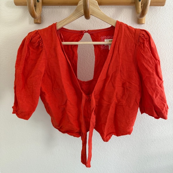 Maeve ANTHROPOLOGIE ORANGE TIE-FRONT cropped  BLOUSE linen blend size 4 summer - Picture 3 of 10
